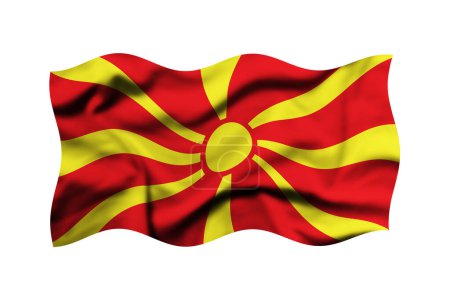 Die Flagge Nordmakedoniens auf weißem Grund schwenkend. 3D-Darstellung. Beschneidungsweg inbegriffen