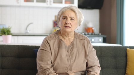 Une femme âgée aux cheveux blancs discute avec l'autre personne lors d'un appel vidéo en ligne. Angry femme âgée troublée faire appel vidéo sur ordinateur portable sur canapé dans le salon à la maison. Vue caméra avant.