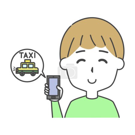 una ilustración de un hombre llamando a un taxi usando su teléfono inteligente