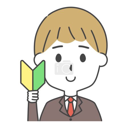 an illustration of a man in suit holding a beginner's mark in his right hand