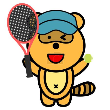 Téléchargez les photos : Une illustration d'un chien raton laveur tenant une raquette de tennis - en image libre de droit