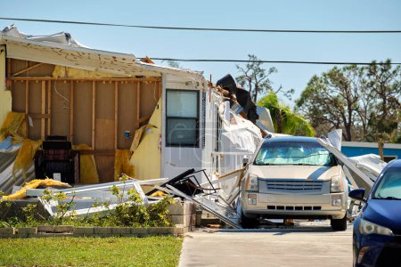 Téléchargez les photos : Détruit par l'ouragan Ian maison de banlieue et voiture endommagée en Floride zone résidentielle mobile home. Conséquences des catastrophes naturelles. - en image libre de droit