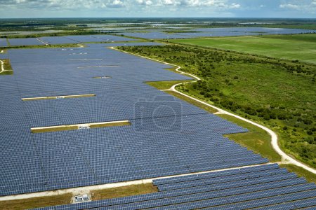 Aerial view of big sustainable electric power plant with many rows of solar photovoltaic panels for producing clean electrical energy. Renewable electricity with zero emission concept.