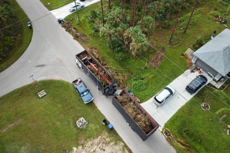 Téléchargez les photos : Vue de dessus de l'ouragan Ian après la récupération spéciale camion à benne basculante ramassant des débris de branches d'arbres des rues rurales de Floride. Faire face aux conséquences des catastrophes naturelles. - en image libre de droit