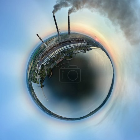 Photo for Aerial view from high altitude of little planet earth with coal power plant high pipes with black smokestack polluting atmosphere. Electricity production with fossil fuel concept. - Royalty Free Image