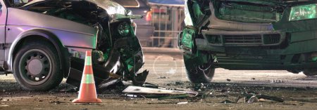 Los coches se estrellaron fuertemente en un accidente de tráfico después de la colisión en la calle de la ciudad por la noche. Concepto de seguridad vial y seguros.