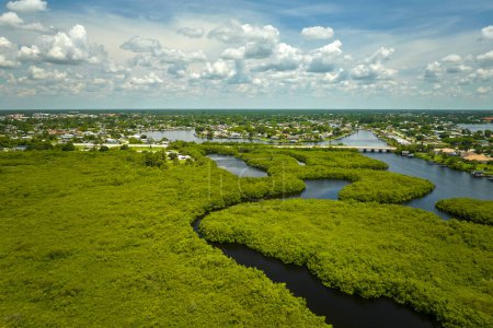 Photo for Overhead view of Everglades swamp with green vegetation between water inlets and rural private houses. Natural habitat of many tropical species in Florida wetlands. - Royalty Free Image
