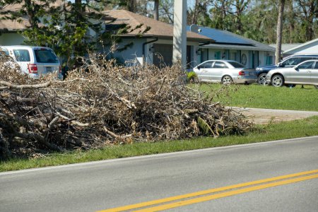Haufenweise Trümmer von Gliedmaßen und Ästen aus Hurrikan-Winden warten am Straßenrand auf die Abholung des Bergungsfahrzeugs in einem Wohngebiet. Folgen von Naturkatastrophen.