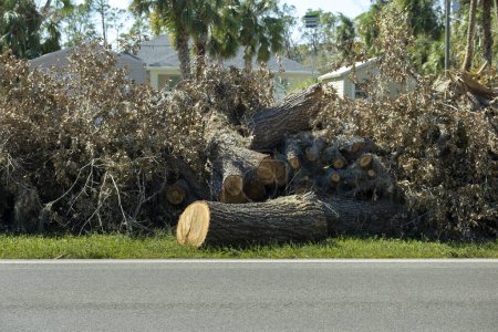 Téléchargez les photos : Couper et les arbres tombés branches disposées en tas sur le côté de la rue après l'ouragan gravement endommagé maisons en Floride mobile home quartier résidentiel. Conséquences des catastrophes naturelles. - en image libre de droit