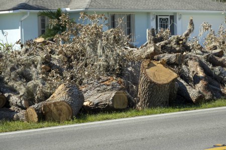 Piles of tree rubbish on road side for recovery truck pickup after hurricane in Florida residential area. Consequences of natural disaster.