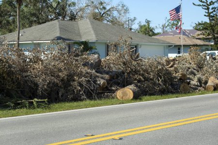 Téléchargez les photos : Piles de déchets d'arbres sur le bord de la route pour ramassage camion de récupération après l'ouragan en Floride quartier résidentiel. Conséquences des catastrophes naturelles. - en image libre de droit