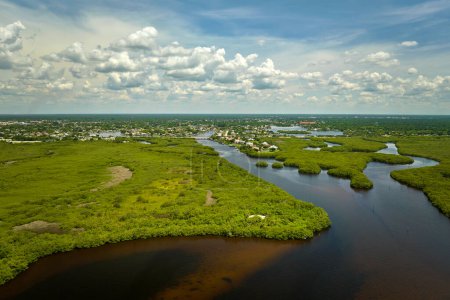 Aerial view of Florida wetlands with green vegetation between ocean water inlets and rural homes. Natural habitat of many tropical species.