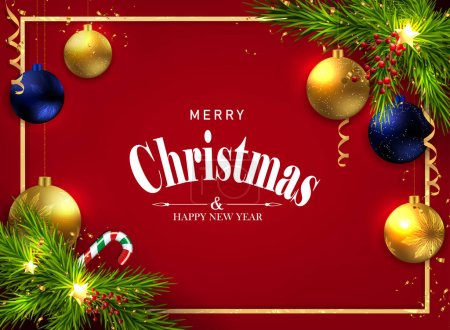 Ilustración de Postal roja festiva con un marco y una guirnalda de árbol de Navidad. - Imagen libre de derechos