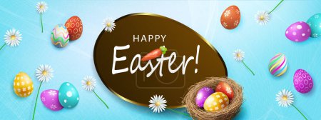 Illustration for Easter card with oval brown frame, eggs in a straw nest with flowers. - Royalty Free Image