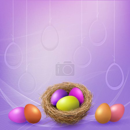Téléchargez les illustrations : Easter purple light postcard with colorful eggs in a straw nest. - en licence libre de droit