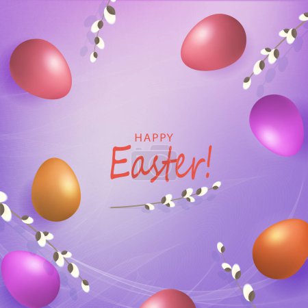 Ilustración de Purple texture composition with Easter eggs and willow branches. - Imagen libre de derechos