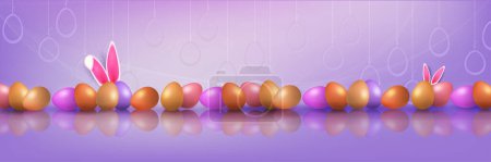 Téléchargez les illustrations : Violet composition with Easter eggs and mirror reflection, bunny ears. - en licence libre de droit