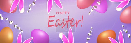Ilustración de Purple card with Easter eggs, willow branches and rabbit ears. - Imagen libre de derechos