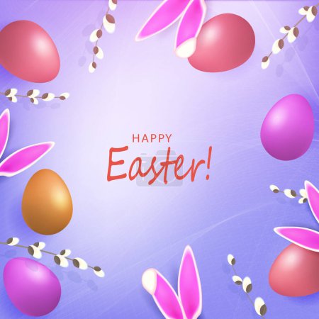 Ilustración de Purple composition with Easter eggs, willow branches and rabbit ears. - Imagen libre de derechos