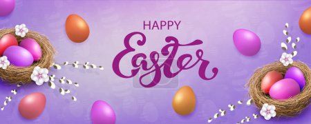 Tarjeta púrpura con huevos de Pascua en el nido, ramas de sauce y flores.