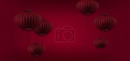Téléchargez les illustrations : Fond de texture rouge, Lanternes chinoises en papier style art. - en licence libre de droit