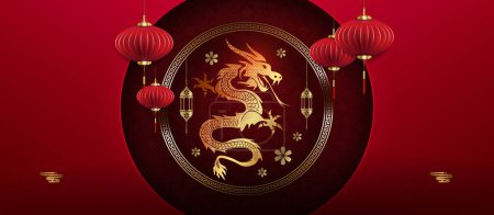 Téléchargez les illustrations : Nouvel An chinois. Magnifique illustration, cadre rond avec un dragon et lanternes à air. - en licence libre de droit