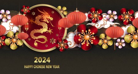Téléchargez les illustrations : Nouvel An chinois. Guirlande de fleurs avec ballons et dragon dans un cadre rond. - en licence libre de droit