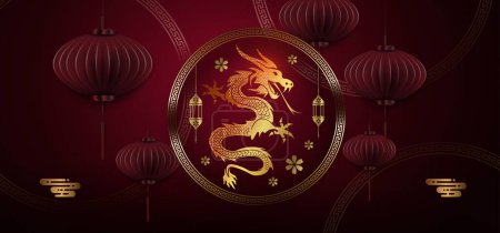 Téléchargez les illustrations : Nouvel An chinois, texture rouge foncé illustration avec dragon dans un cadre rond et lanternes rouges. - en licence libre de droit