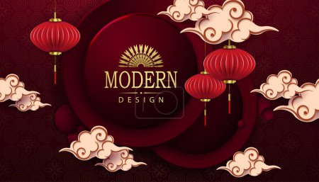 Téléchargez les illustrations : Nouvel An chinois, texture rouge illustration avec cadre rond avec nuages et lanternes. - en licence libre de droit