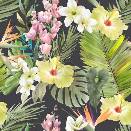 Téléchargez les illustrations : Motif floral exotique peint à la main sans couture - en licence libre de droit