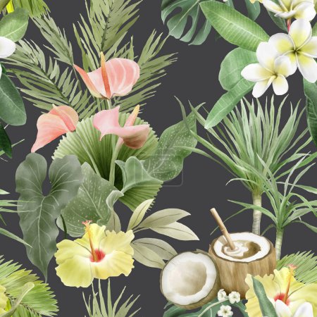 Téléchargez les illustrations : Motif floral exotique peint à la main sans couture - en licence libre de droit