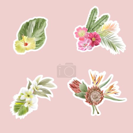 Téléchargez les illustrations : Collection d'autocollants floraux tropicaux dessinés à la main - en licence libre de droit