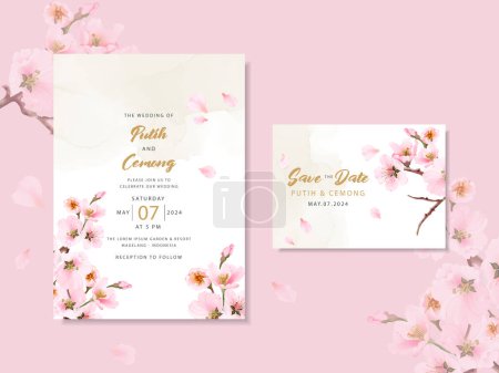 Téléchargez les illustrations : Modèle de carte d'invitation de mariage fleur de cerisier aquarelle - en licence libre de droit
