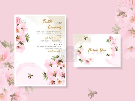 Illustration for Watercolor cherry blossom wedding invitation card template - Royalty Free Image