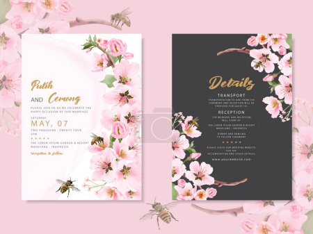 Téléchargez les illustrations : Modèle de carte d'invitation de mariage fleur de cerisier aquarelle - en licence libre de droit