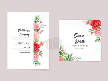 Illustration for Watercolor red roses wedding invitation card template - Royalty Free Image