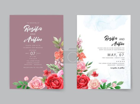 Illustration for Watercolor red roses wedding invitation card template - Royalty Free Image