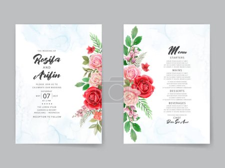 Téléchargez les illustrations : Aquarelle rose rouge modèle de carte d'invitation de mariage - en licence libre de droit