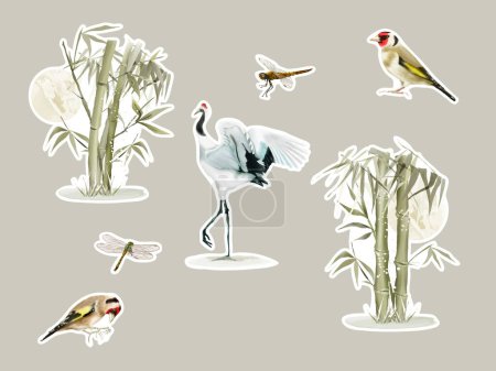 Illustration for Hand painted watercolor bamboo sticker set - Royalty Free Image