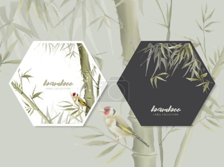 Ilustración de Acuarela pintada a mano colección de etiquetas de bambú - Imagen libre de derechos