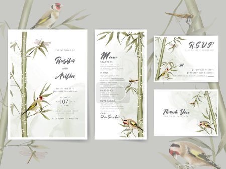 Téléchargez les illustrations : Modèle peint à la main de carte d'invitation de mariage en bambou aquarelle - en licence libre de droit