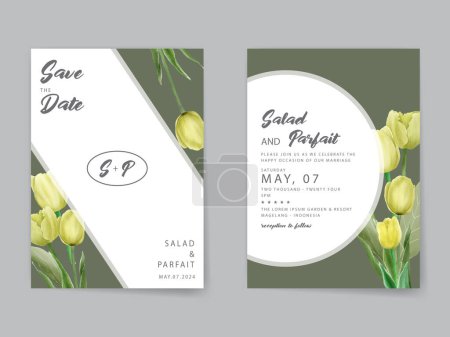 Téléchargez les illustrations : Invitation de mariage minimaliste avec verdure tulipe aquarelle - en licence libre de droit