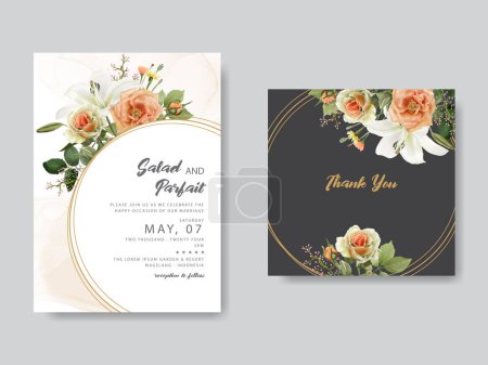 Illustration for Beautiful lily and rose wedding invitation card - Royalty Free Image