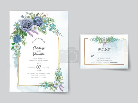 Téléchargez les illustrations : Carte d'invitation de mariage fleurs bleu bohème - en licence libre de droit