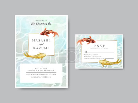 Illustration for Beautiful koi fish watercolor wedding invitation card - Royalty Free Image