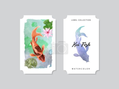 Téléchargez les illustrations : Belle collection d'étiquettes aquarelle de poissons koï - en licence libre de droit