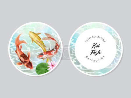 Illustration for Beautiful koi fish watercolor label collection - Royalty Free Image