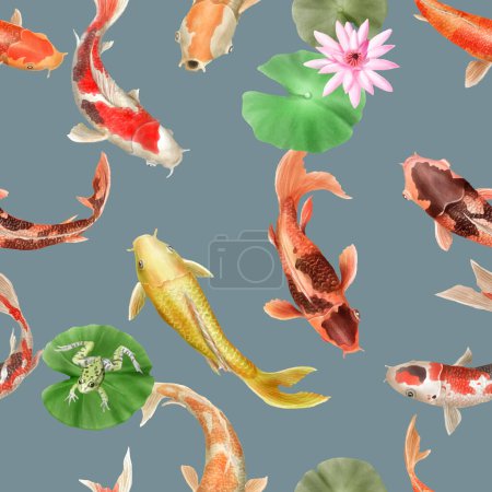 Photo for Beautiful koi fish watercolor seamless pattern - Royalty Free Image