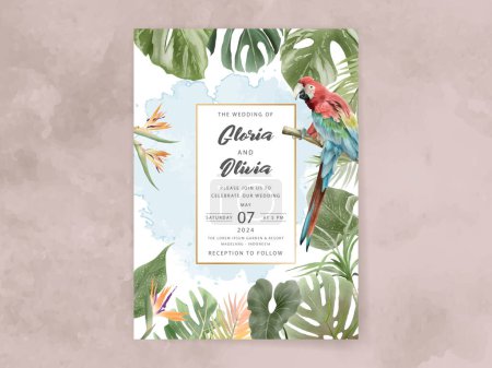 Illustration for Exotic floral tropical wedding invitation card - Royalty Free Image