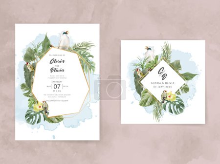 Téléchargez les illustrations : Exotique floral tropical carte d'invitation de mariage - en licence libre de droit
